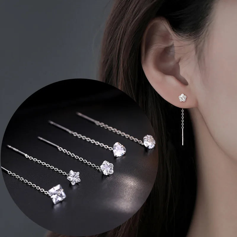 Simple 3cm Silver Plated Needle Tassel Threader Earring Pull Through Women Zircon Straight Hanging Chain Dangle Earrings Jewelry