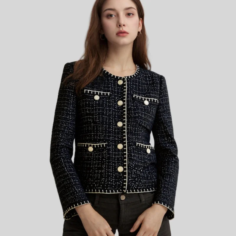 Women's Black Petite Cropped BouclÃ© Tweed Jacket for Office Daily Classic Outfits