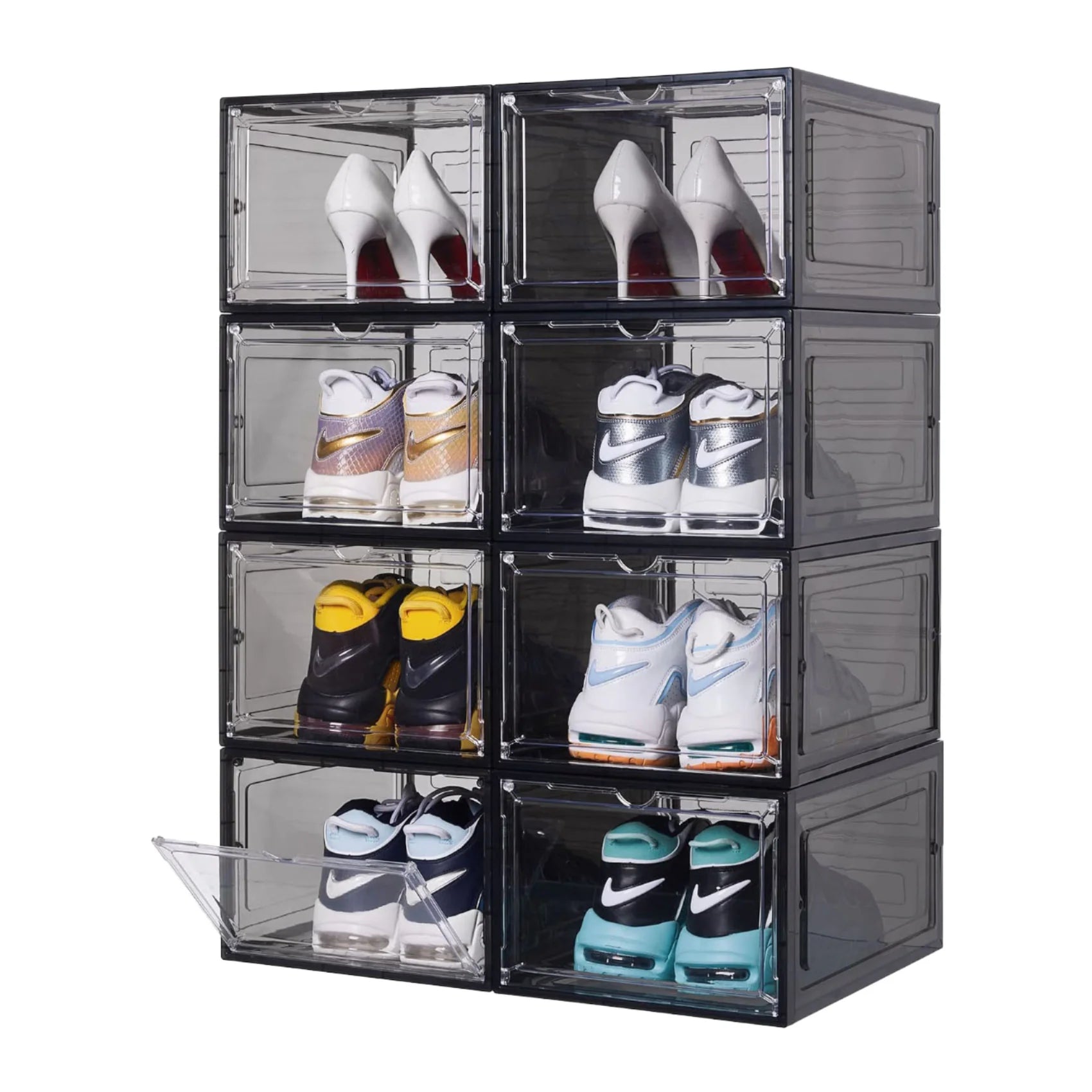 Transparent Acrylic Shoe Storage Box Magnetic Drop Front Design with Clear Sneaker Stackable Drawers for Home or Office Use