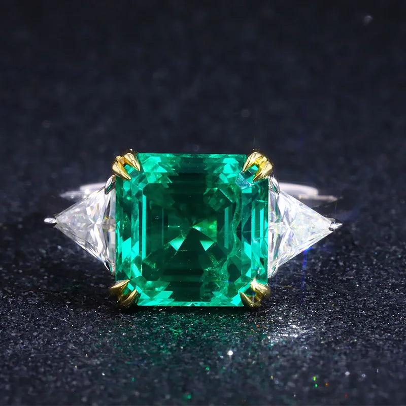 Starsgem 10K White Gold 8*8mm Asscher Cut Emerald and Triangl Moissanite Gemstone Engagement Rings