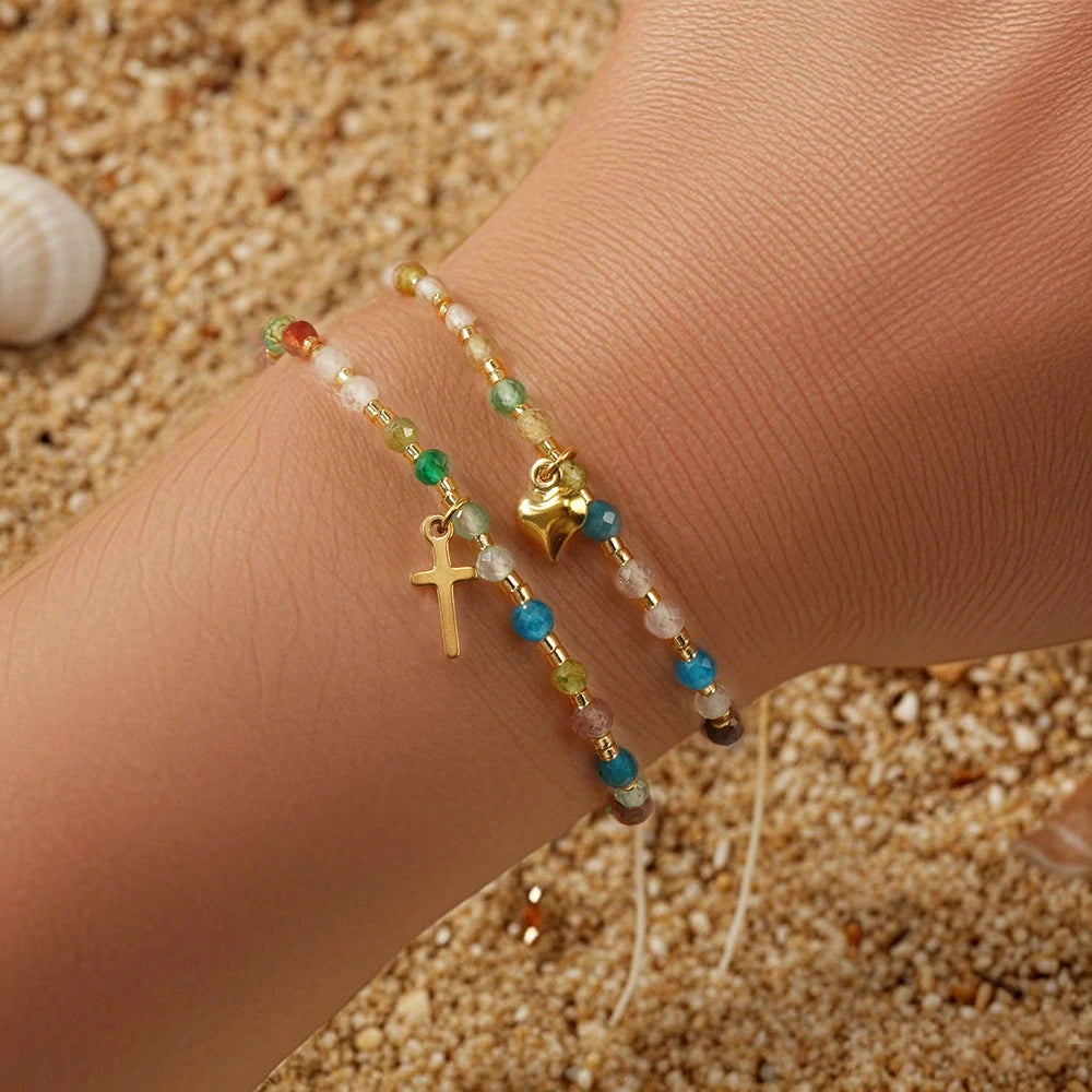 Go2boho Semi Precious Stone Beaded Bracelet Set With Cross and Heart Charms Adjustable Bohemian Jewelry for Women Perfect Gift