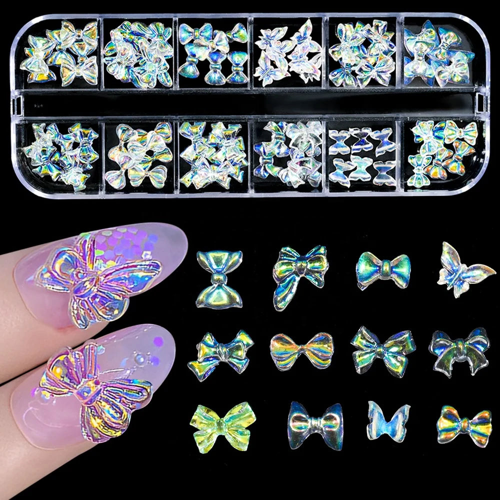 72/96pcs/box Aurora Butterfly Ribbon Bow 3D Nail Art Charms Kawaii Jewelry DIY Resin Korean Manicure Bow Part Nail Decorations
