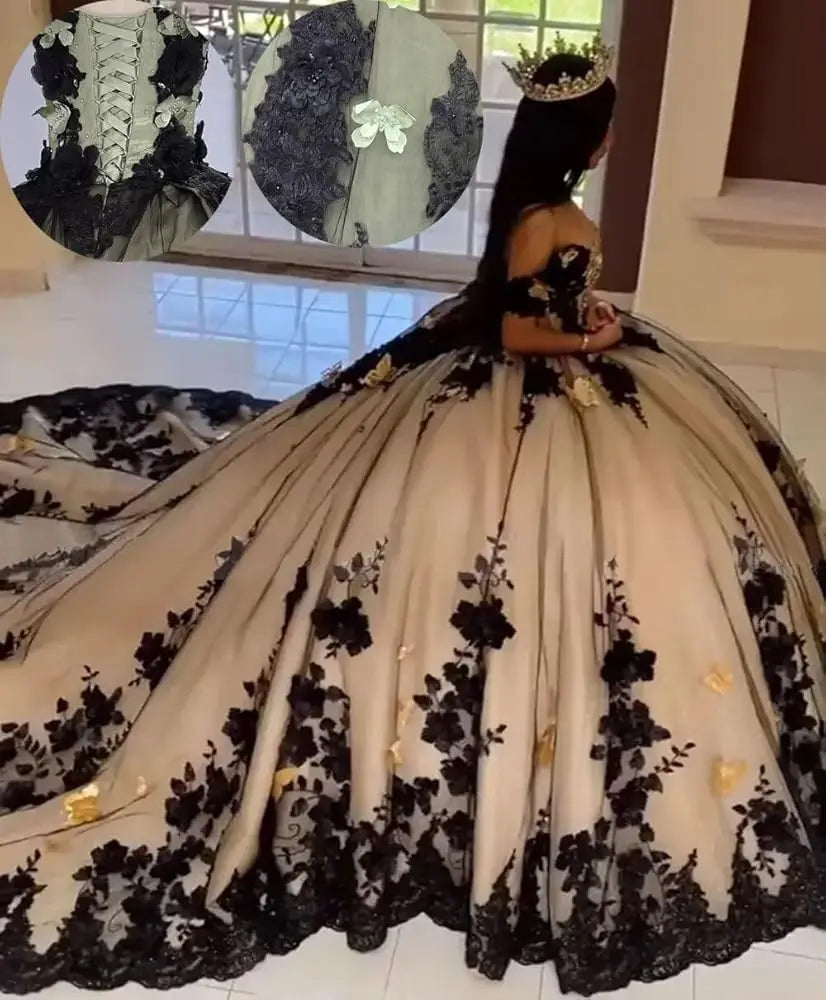 Champagne Black Shiny Quinceanera Dress Crystal Beading Appliqued Vestidos De 15 Anos Birthday Party Corset Sweet 16 Dress MQ669