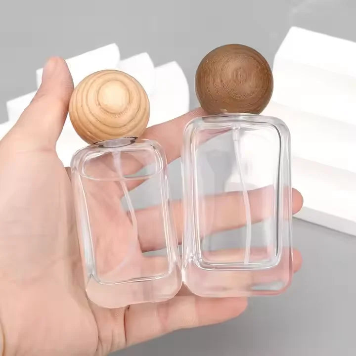 Wholesale 30ml & 50ml Clear Flat Square Glass Perfume Bottle Refillable with Wooden Cap & Screw Neck for Screen Printing