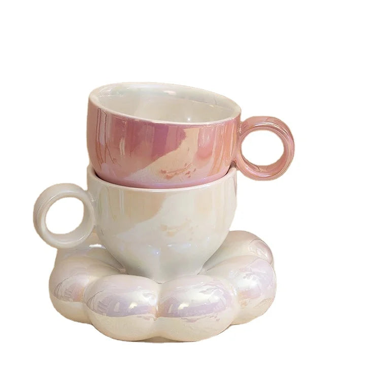 Luxury Style Pearl Glaze Glossy  Nordic Style Ceramic Coffee Mug Milk Cup and Saucer Set Afternoon Tea Dessert Porcelain Plate