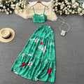 S-3XL Summer Vacation Style Print Set Women's Short Strap Top+Mid Length Large Swing A-line Half Skirt Two Piece Set