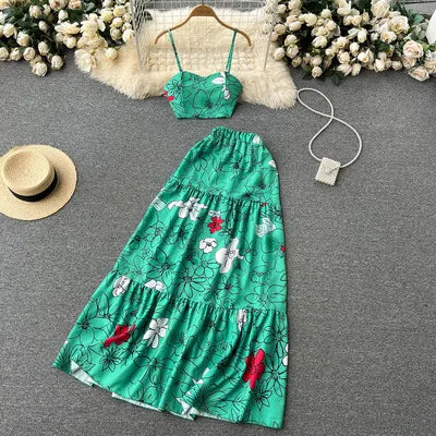 S-3XL Summer Vacation Style Print Set Women's Short Strap Top+Mid Length Large Swing A-line Half Skirt Two Piece Set