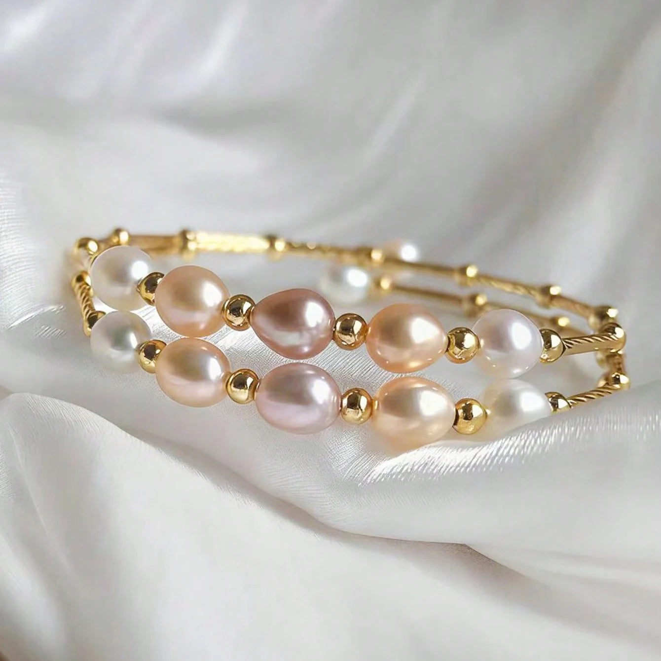 Original Design Double Ring Beaded Bracelet Mermaid Princess Edison Pearl AAA Grade Rice Shape Gold Plated Children's Trendy