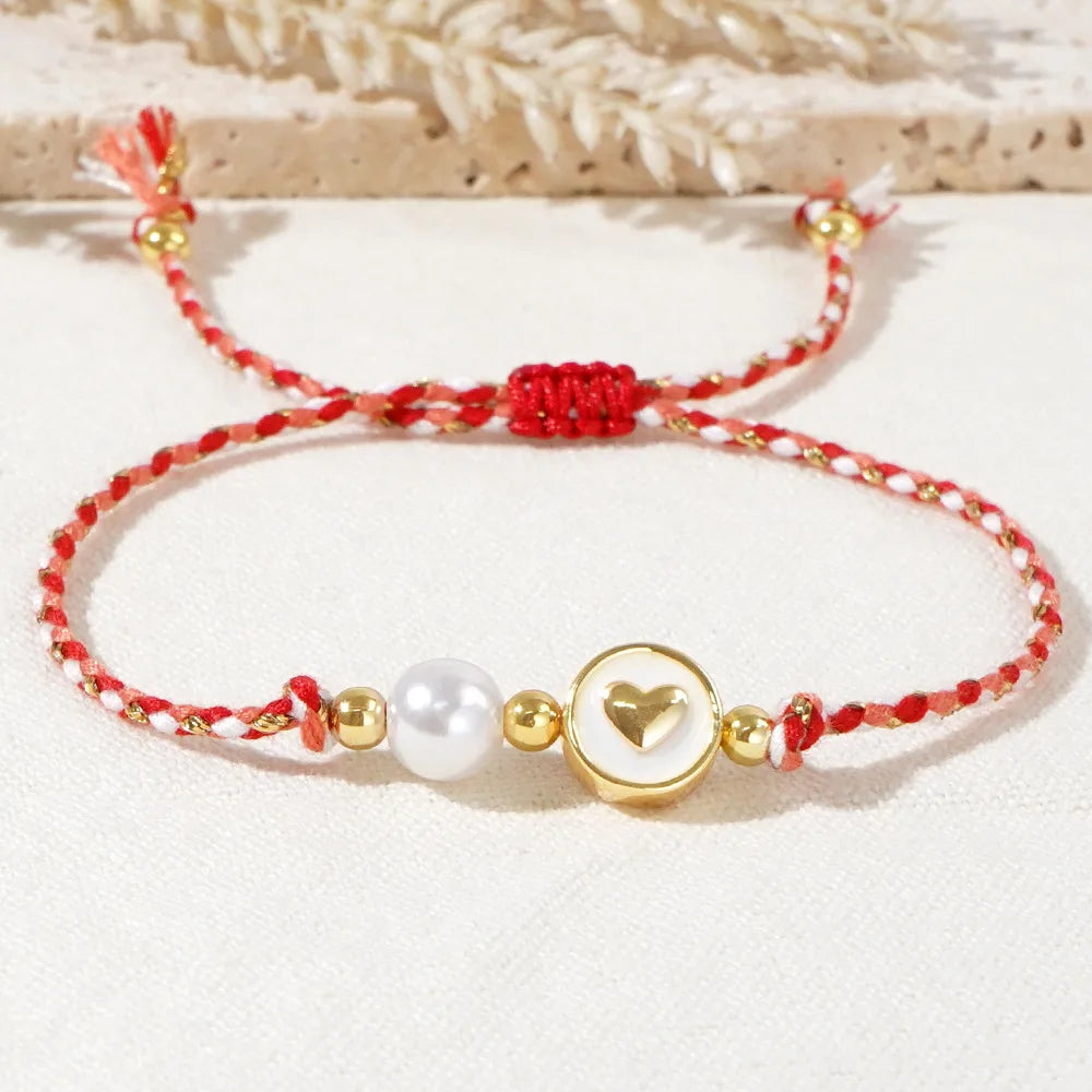 Go2boho Handmade Cotton Rope String Love Heart Beads Women's Fashion Jewelry Imitation Round Pearls Bracelets for Friends Gifts