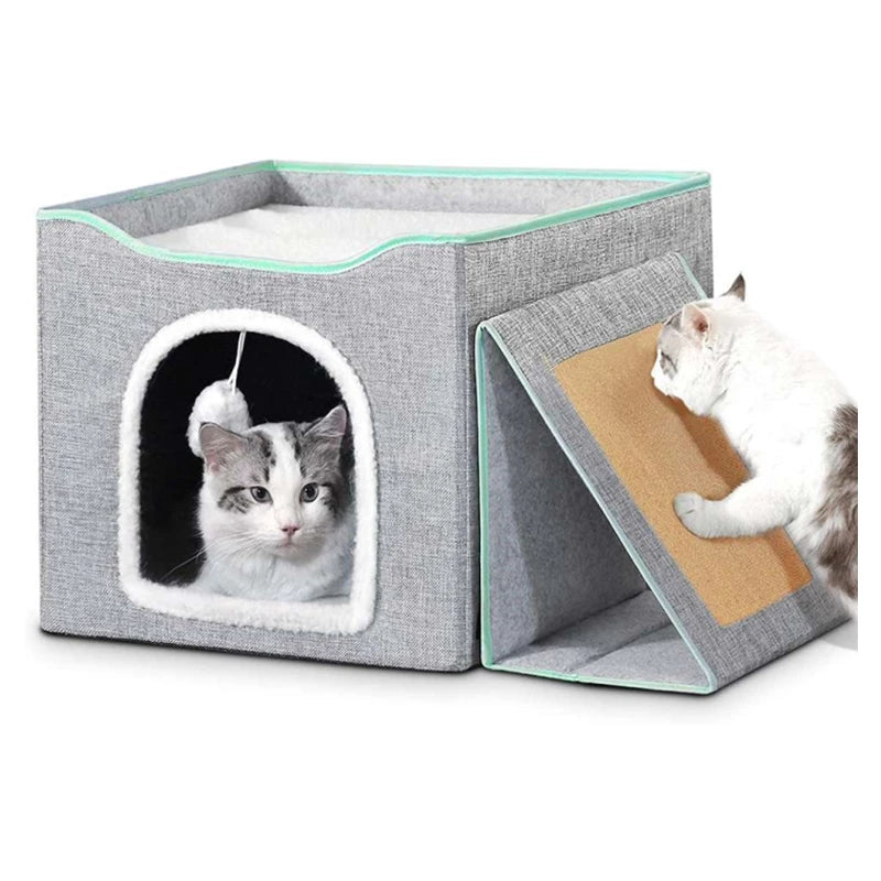 ZYZPET Cat Cube Cave House with Removable Sisal Rope Cat Scratcher and Fluffy Ball Hanging for Cat Shelter with Warm Plush Bed