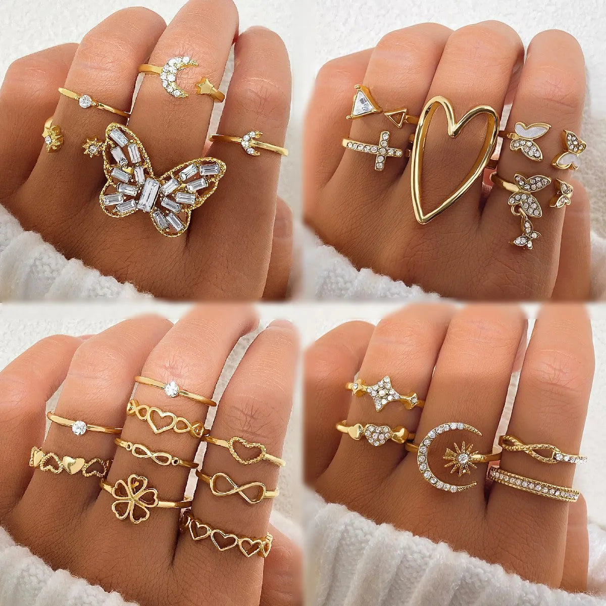 2024 Trendy Geometric Crystal Heart Rings Set Gold Moon Butterfly Green Stone Diamond Knuckle Finger Ring Women Jewelry Gift