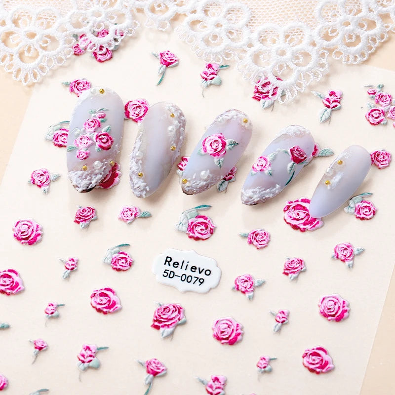 Autumn Style 5D Embossed Flower Cat Fruit Bread Ice Cream Panda Nail Art Decals for Nails Heart Shape Decorations