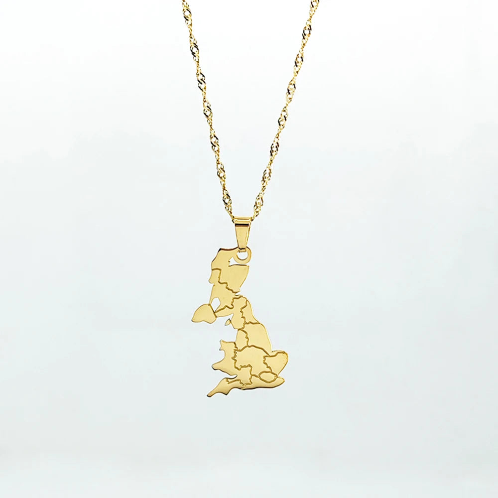 New Fashion Laser Cut Stainless Steel Fashion Women England Necklace Jewelry Geometric World Map Necklace
