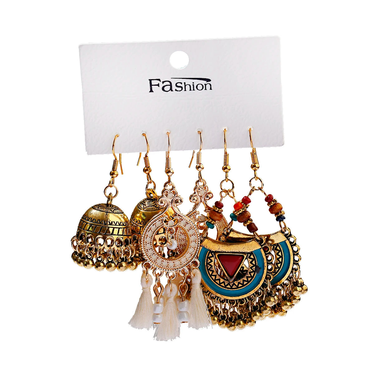 3Pcs Indian Gold Plated Jhumka Earrings Set White Tassel Oil Drop Wedding Wearing Jewelry for Girls Bohemian Dangle Drop Earring