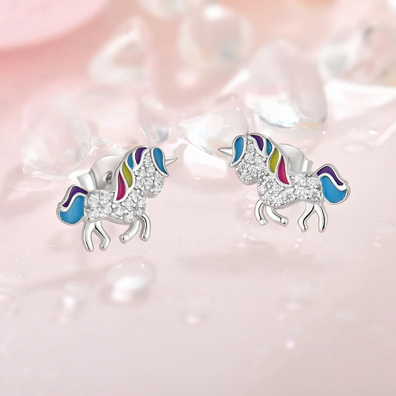 Rainbow Dream Fantasy Unicorn Stud Earrings 925 Sterling Silver Earrings for Girls Party Statement Jewelry Children Gift