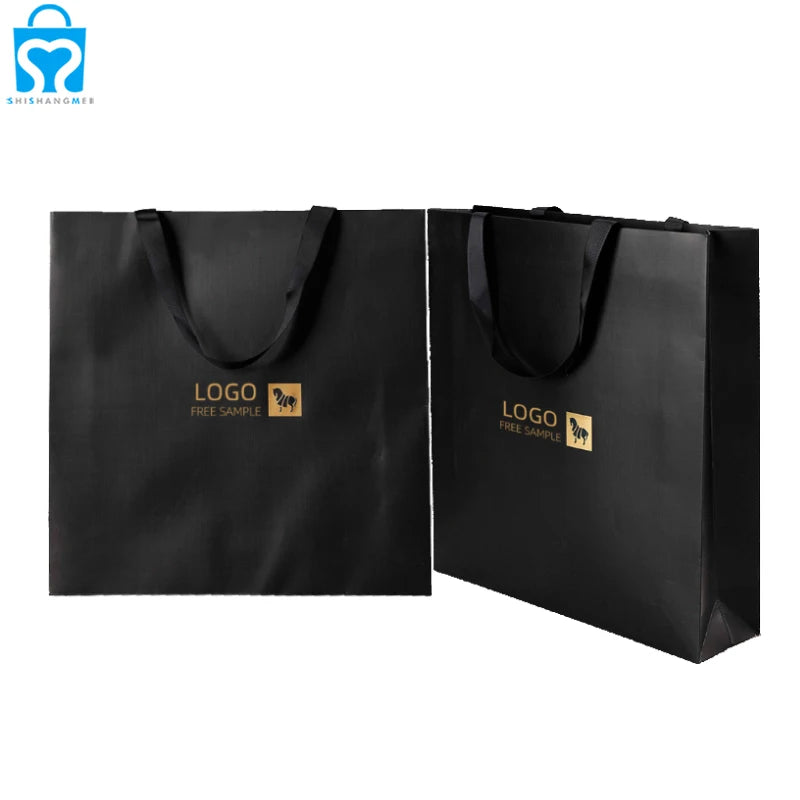 Custom Black Boutique Paper Carry Bag with Luxury Craft Gold Foil Print Personalised for Skin Care Mascara Blush Retail Shopping
