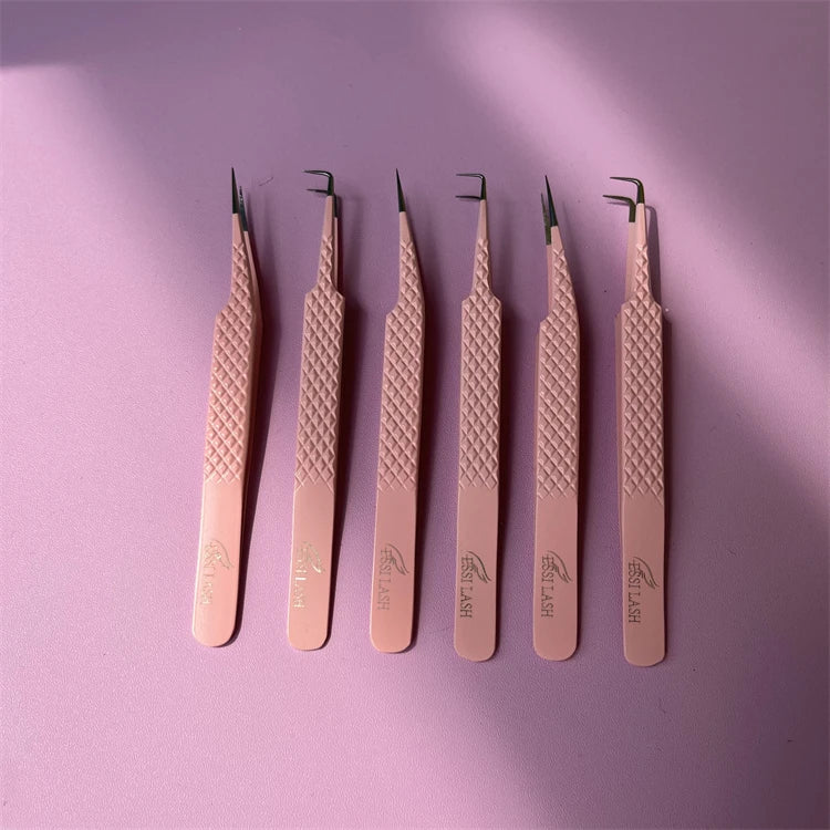 OEM Private Label  Pink Eyelashes Tweezers Russian Stainless Steel Volume Eyelash Extension Tweezers for Lash Extension