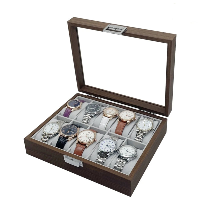 10 Slots Dark Walnut Surface MDF Wood Watch Box Display Organizer Case Holder