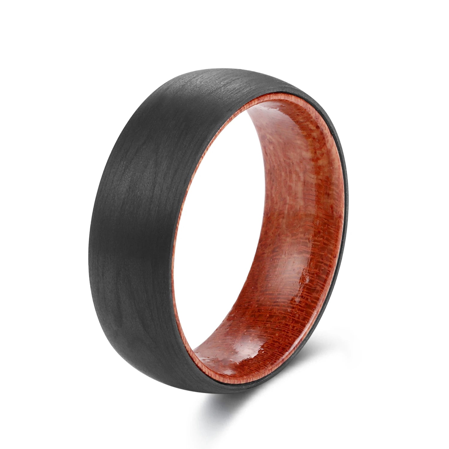 POYA Jewelry 8mm Black Flat Top Carbon Fiber Solid Wood Ring for Man