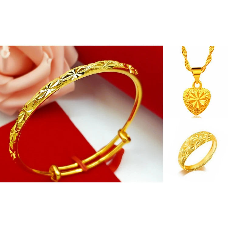 Dubai Gold 18k Gold Color Profiteering Products Love Heart Gypsophila Jewelry Gold Bracelet Ring Necklace Three Piece Set