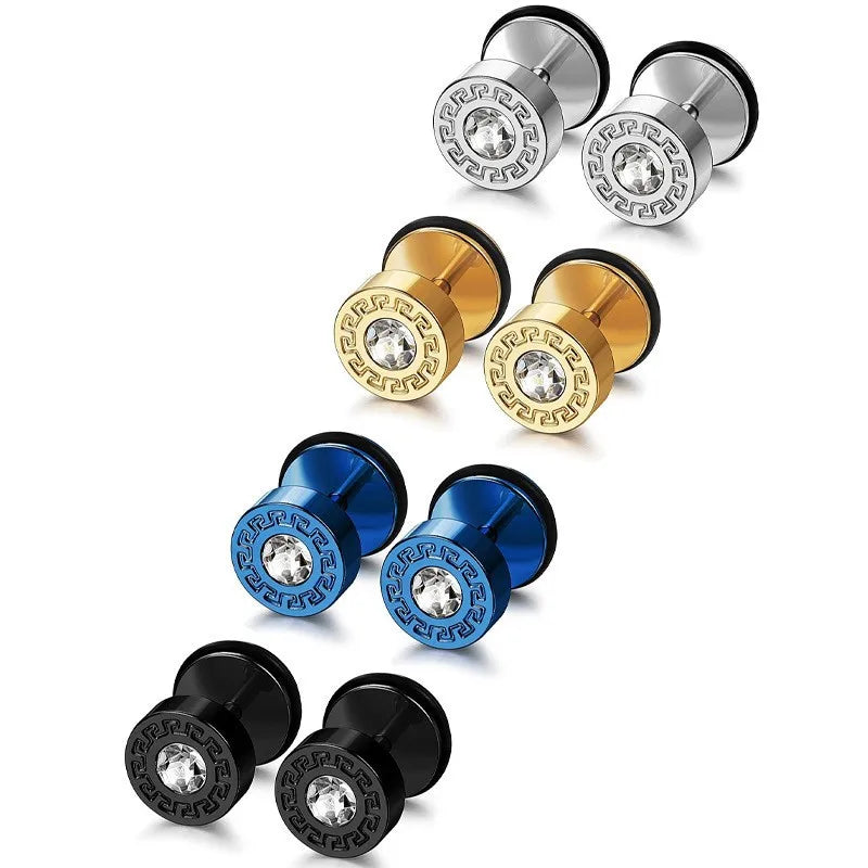 White Zircon Male Crystal Gold Men Black Great Wall Pattern Diamond Head Barbell Earrings Spherical Screw Titanium Earring