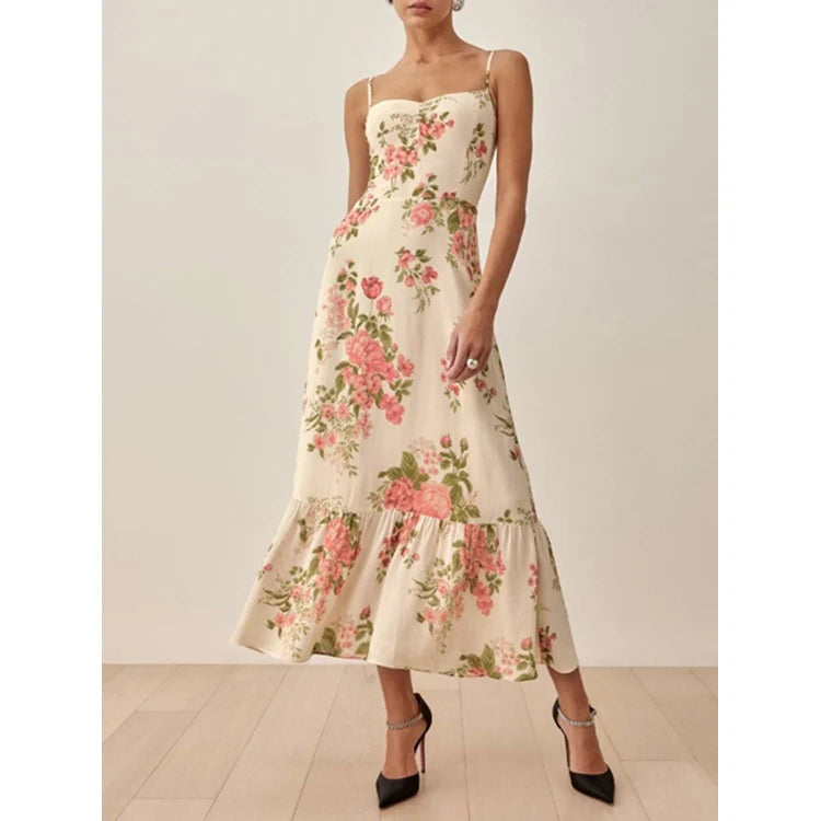 Retro Print Short Skirt Factory Directly Square Neck Long Dress Wholesale Ruffled slip Dress Custom logo