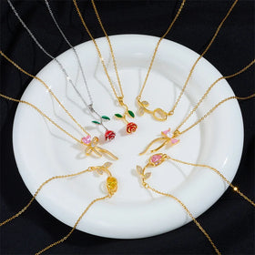 G2581 Wholesale Collares De Tulipan Dainty Zircon Rose Flower Pendant Choker Tulip Necklace for Women Fashion Jewelry Necklaces