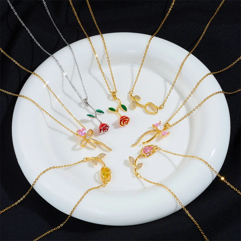 G2581 Wholesale Collares De Tulipan Dainty Zircon Rose Flower Pendant Choker Tulip Necklace for Women Fashion Jewelry Necklaces