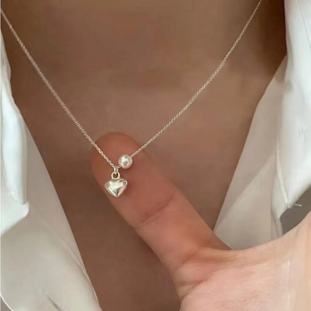INS Simple Fashion Pearl Pure 925 Sterling Silver Clavicle Chain Heart Shaped Pendant Necklace for Women Girls