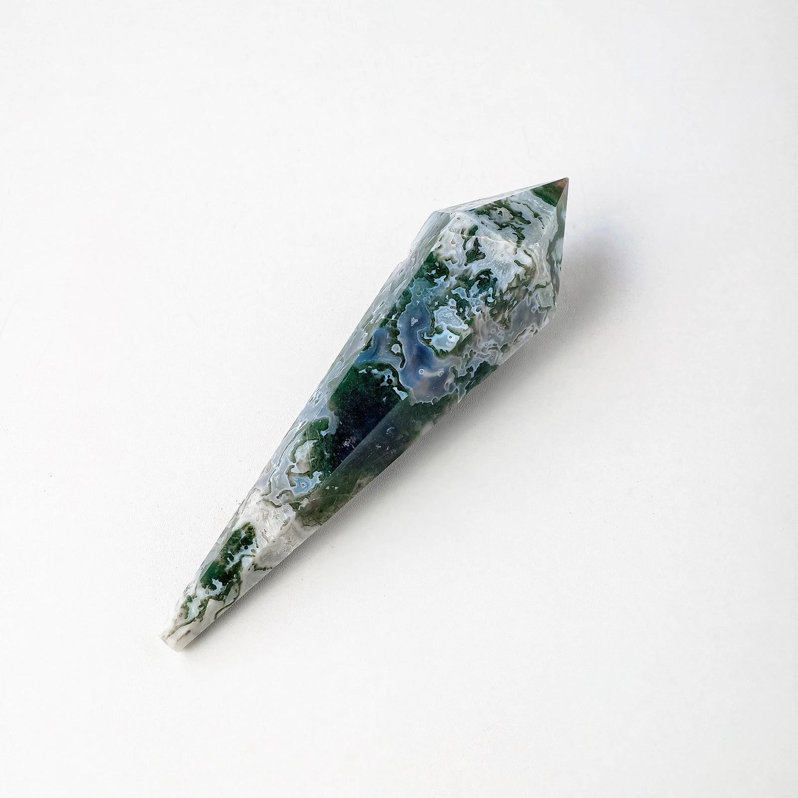 Wholesale Natural Crystal Healing Moss Agate Carved Single Point Wand Soul Pendulum for Decor