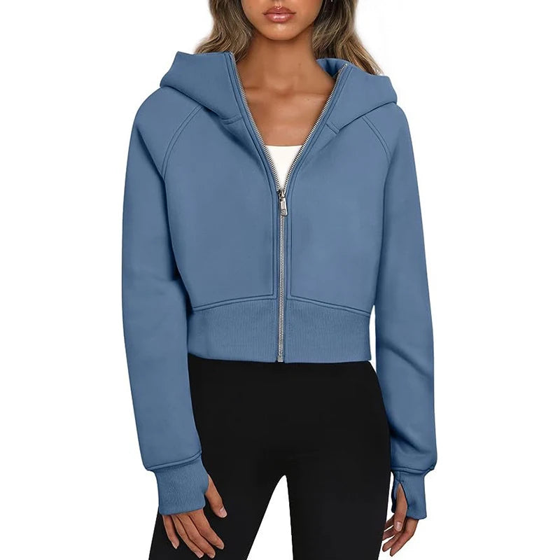 F240057 Custom Spring Winter Women Hooded Hoodies Zipper Long Sleeve Sports Loose Solid Color Sweatshirt Pullover Tops Jacket