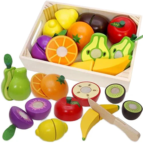 YUCI CPC CE Montessori Educational Toys Kitchen Wooden Cutting Toy Crate of Cut and Play Fruit Vegetable Set for Kids
