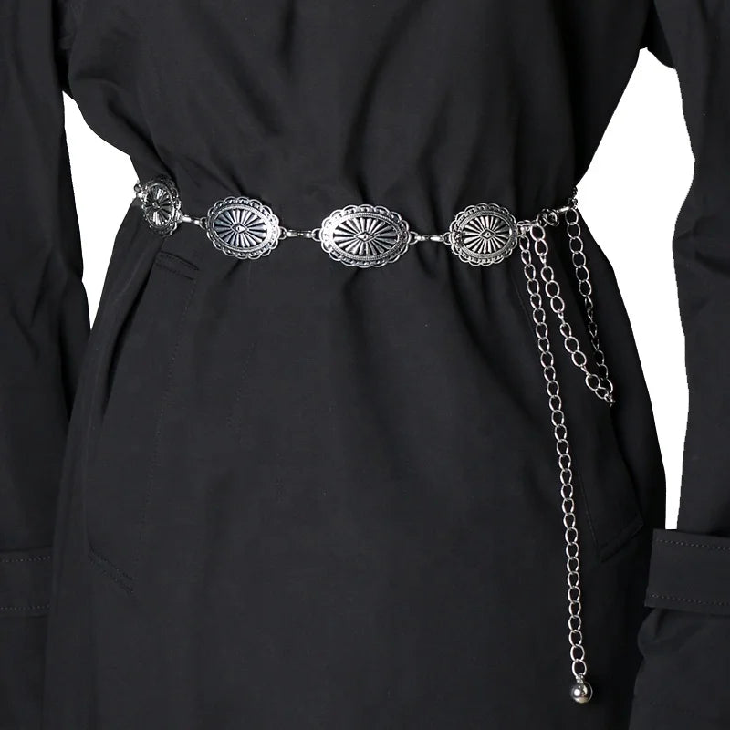 Vintage Western Women's Silver Metal Oval Peacock Chain Belt Fashionable Alloy Accessory