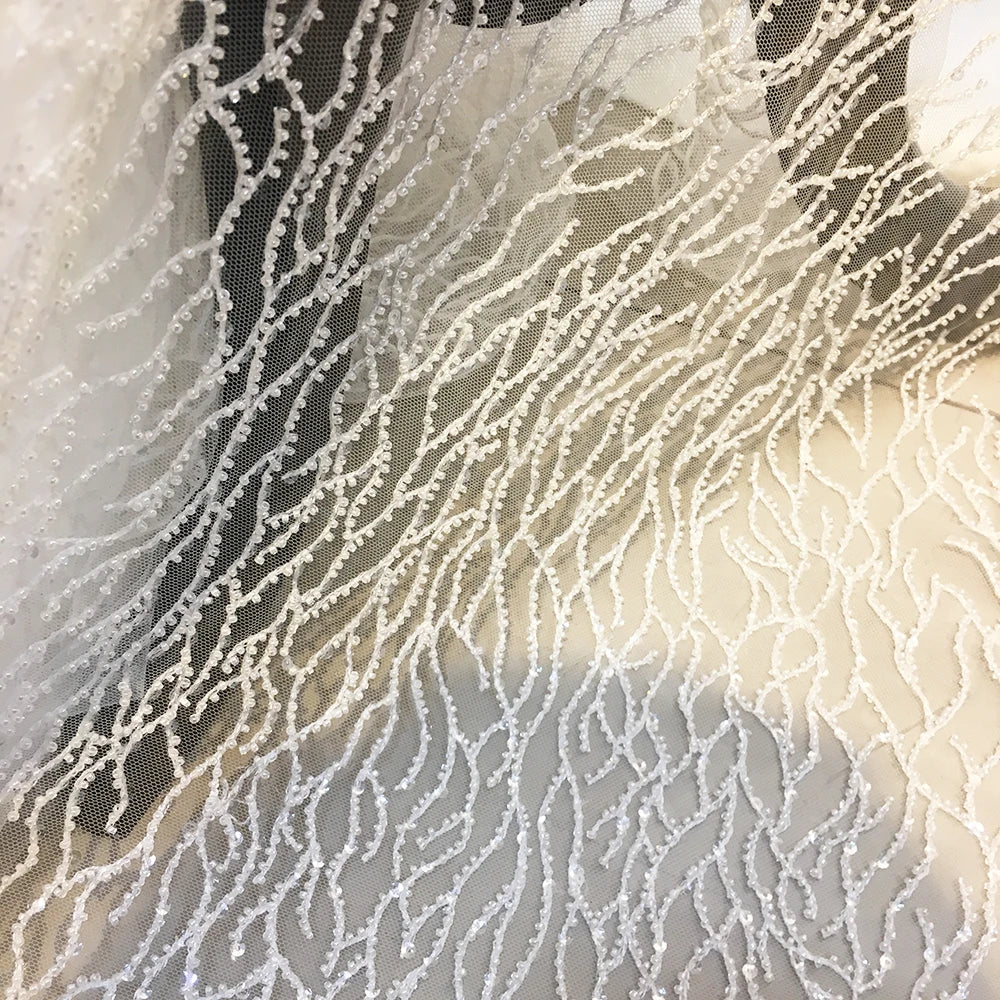Direct Sales Good Price Beaded Lace Fabric White Embroidered Tulle Mesh Lace Fabric for Wedding Dresses