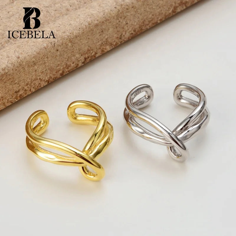 ICEBELA S925 Sterling Silver Original Design 18k Gold Multi Layered Wrapped Ring Opening Exquisite Irregular Cross Line Ring