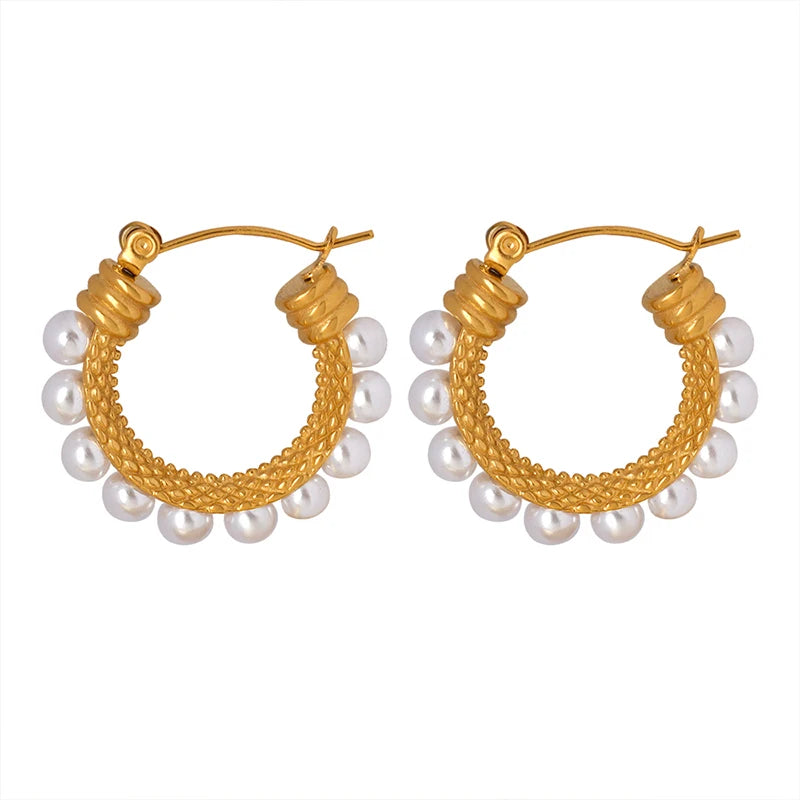 316L Stainless Steel Thick Hoop Earrings Imitation Pearl Waterproof Jewelry Earrings