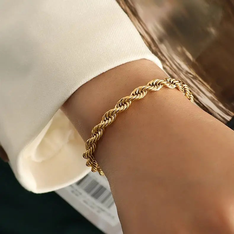 18K Gold Plated Stainless Steel Fashion Jewelry 5MM Thick Braided Twisted Rope Chain Bracelet for Women