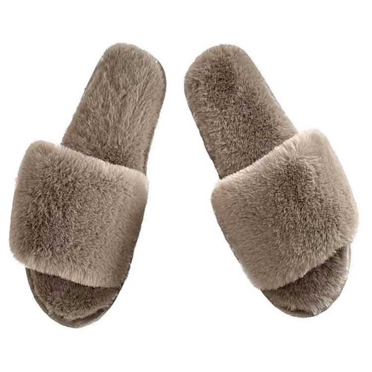 Women's Cozy Open Toe Slide Slippers Anti-Slippery Sole Plush Faux Fur One Strap Fluffy Furry Bedroom Slippers Soft for Winter MegaBDM
