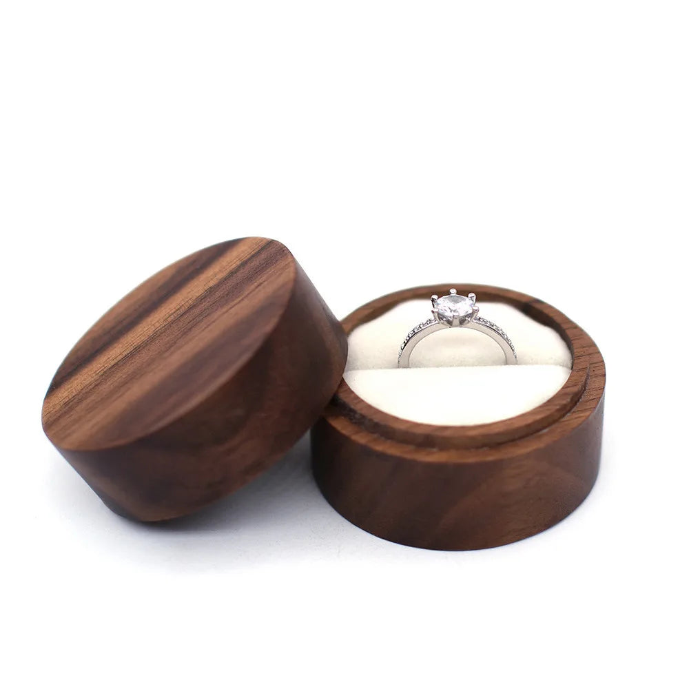 Round Wood Black Walnut Wooden Luxury Acrylic Ring Box with clear Lid