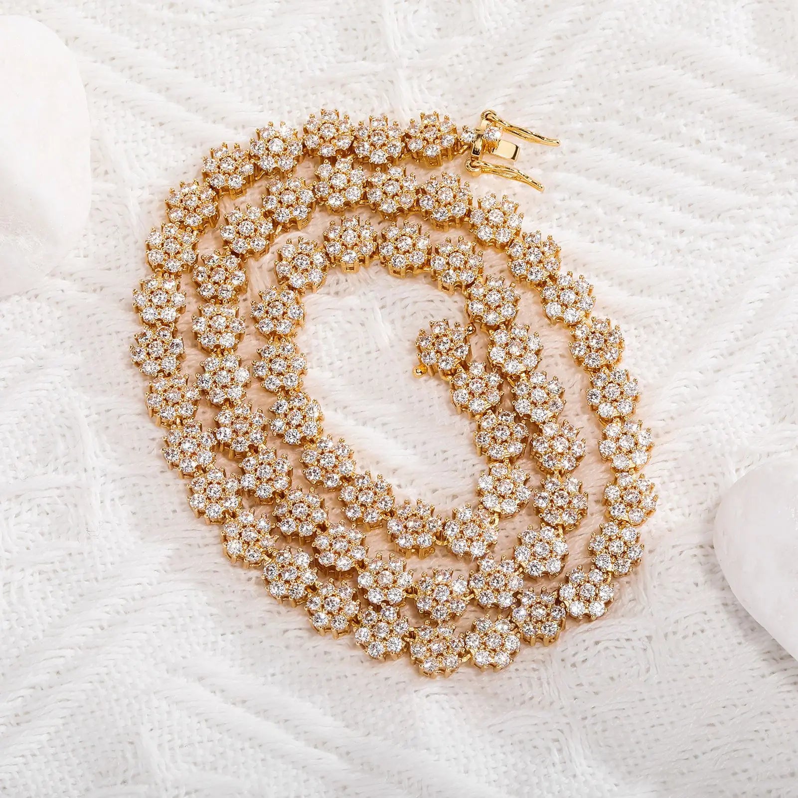 In Stock Men's Summer Tennis Necklace 7mm Silver Plated Flower Ice Crystal Spring Clasp Daily Use