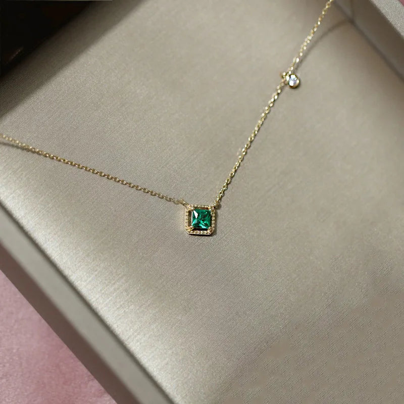 Vintage French 18K Gold Plated Pure 925 Sterling Silver Thin Chain Square Emerald Pendant Necklace for Women Girls