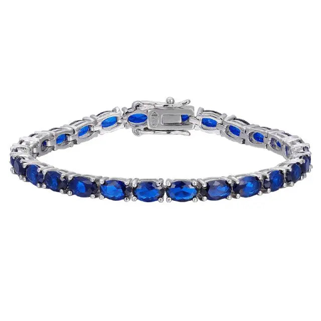 Sterling Silver Simulated 5X3 MM Oval Cut Blue Zircon Gemstone Tennis Bracelet Women Jewelry