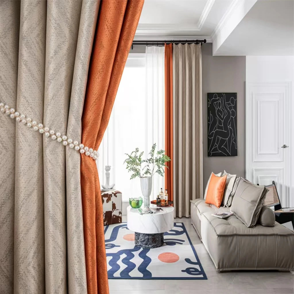 Wholesale Stitching Design Blackout Curtain for Window to Decor Orange Champagne Color Living Room Jacquard Curtain