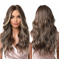 Factory Inventory Wholesale Long Wavy Brown With Blonde Highlight Synthetic Hair Wigs for Afro Women Natural Wave Hair