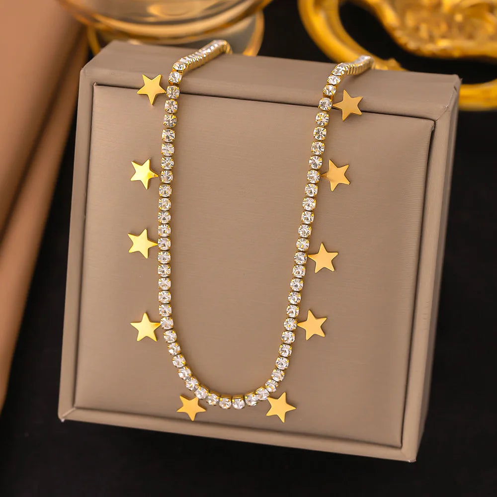 No Fade Stainless Steel Cubic Zircon Tennis Chain Necklace 18K Gold Plated Crystal Star Necklace