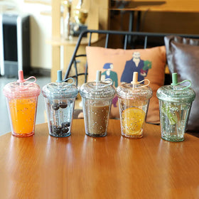 Custom 11oz 14oz Donut Shape Plastic Water Bottle Glitter Double Wall Tumbler with Straw Boba Ice Coffee Cups with Straw Tips
