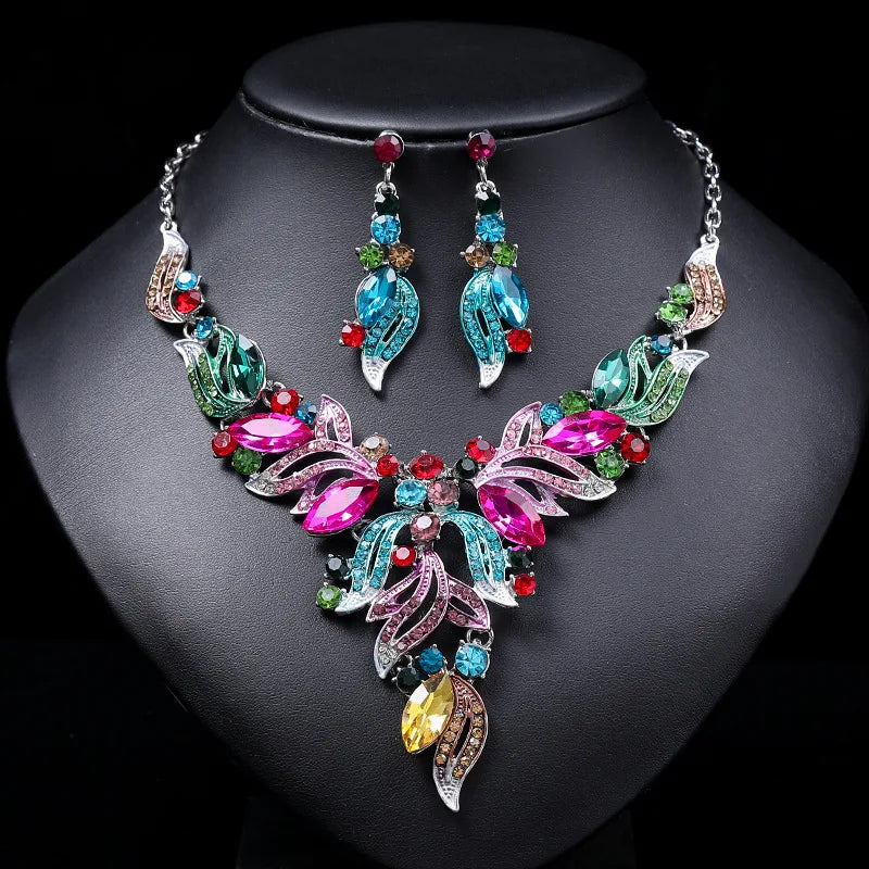 Luxury Mix Color Rhinestone Pendant Necklace and Earrings Fashionable Wedding Jewelry Sets for Women for Parties Engagements