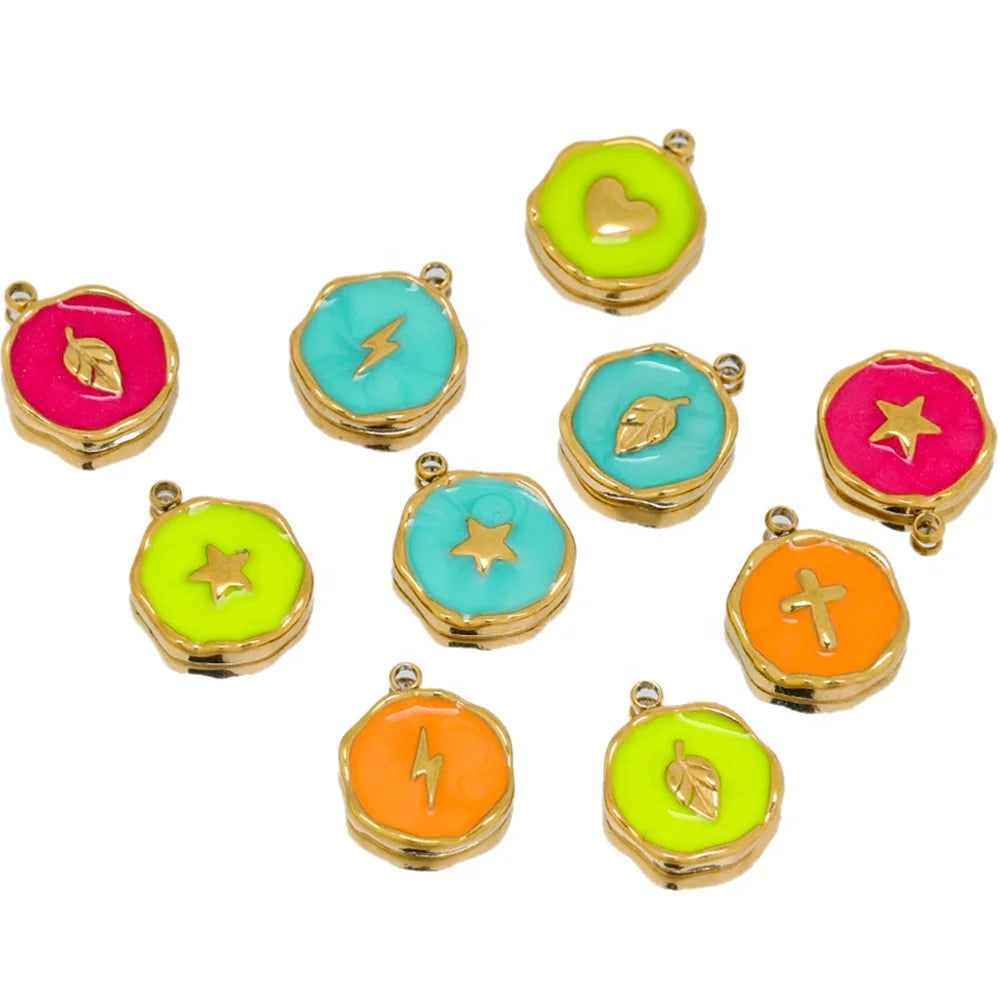 5Pcs Unique Stainless Steel Enamel Round Charms Pendants for DIY Necklace Accessories Bracelet Making Jewelry Bulk