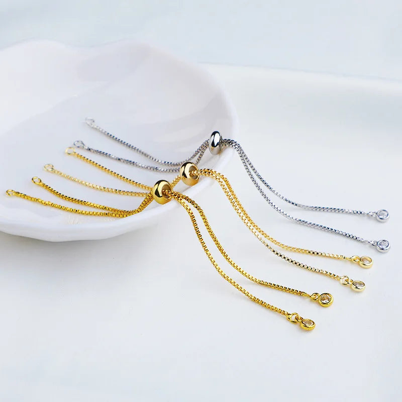 14K Brass Adjustable  Slider Extender Chains with Cubic Zirconia Ends for Bracelet Jewelry Making