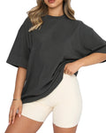 New  Fashion Gray Yoga Gym Stretch Cotton Polyester Plain Two Outfit 2 Piece Biker T-shirts Shorts Set Women With Shirt Top